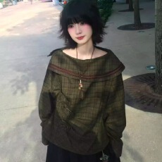 批发复古时尚格纹立体花朵长袖上衣女秋季新款宽松显瘦半身<b class='q'>裙</b>两件套