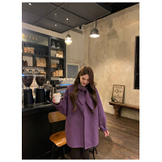 批发蝴蝶结领紫色山<b class='q'>羊绒</b><b class='q'>双面</b>呢<b class='q'>大衣</b>新款毛呢外套