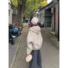 批发韩系连帽呢子大衣女秋冬新款毛呢外套小个子高级感加厚短款