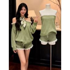 批发复古绿色毛衣套装女秋季慵懒风<b class='q'>蕾丝</b>拼接露肩上衣修身<b class='q'>短裤</b>子两件套