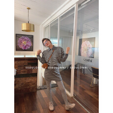 批发智英欧尼韩国<b class='q'>东大门</b><b class='q'>代购</b>慵懒风羊毛条纹套装宽松毛衣半身裙两件套