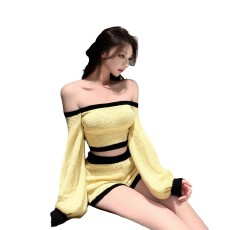 批发韩系<b class='q'>一字肩</b>小衫针织短裤套装女2025秋新款灯笼袖<b class='q'>上衣</b>短裤显瘦套装