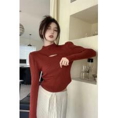 批发圣诞红新年红甜辣妹心机镂空半高领长袖<b class='q'>女</b>秋冬外穿修身针织衫