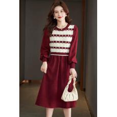 批发圣诞红新年红红色<b class='q'>条纹</b>假两件加厚连衣<b class='q'>裙</b>秋冬新款配大衣针织<b class='q'>裙</b>