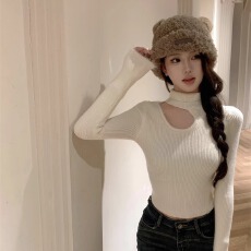 批发灰色镂空毛毛高领针织衫女春秋季收腰内搭毛衣长袖气质打底衫上衣