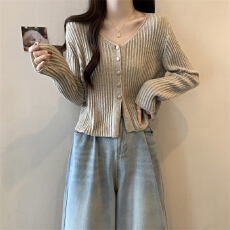 批发V领纯色长袖<b class='q'>针织衫</b><b class='q'>女</b>秋季新款簿款外搭短款设计感气质<b class='q'>毛衣</b>潮