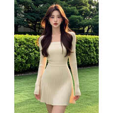 批发<b class='q'>连衣裙</b><b class='q'>秋装</b>女款2025年新款收腰显瘦气质温柔轻熟米杏色长袖短裙子