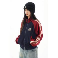 批发美式复古外套显瘦百搭学院风辣妹<b class='q'>短</b>款拉链开衫女条纹拼色立领休闲