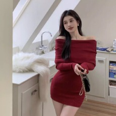 批发新年红抖音天猫品质针织<b class='q'>露肩</b><b class='q'>连衣裙</b>秋冬纯欲辣妹包臀一字肩短裙