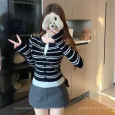 新年红色条纹假两件针织开衫女秋冬修身显瘦内搭打底上衣