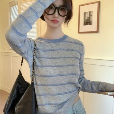 批发新款早秋<b class='q'>韩版</b>慵懒撞色条纹圆领长袖<b class='q'>针织衫</b>休闲百搭上衣