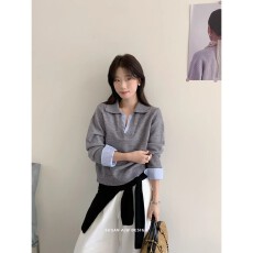 批发秋季新款<b class='q'>韩版</b>设计感条纹拼接袖口翻领百搭假两件<b class='q'>针织衫</b>女