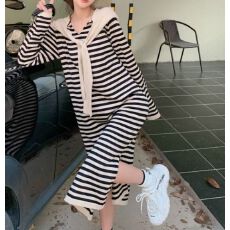 批发胖妹妹打底衫中长款加肥<b class='q'>加大码</b>女装秋毛衣女胖条纹冬装针织<b class='q'>连衣裙</b>