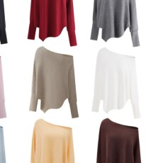 批发辣妹斜肩上衣女秋冬季新款<b class='q'>宽松</b>蝙蝠袖毛针织衫软糯慵懒感毛衣外套