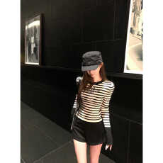 批发字母圆领条纹长袖针织衫女新款修身<b class='q'>气质</b>撞色T恤高级上衣