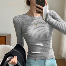 批发天猫抖音质量拼接长袖针织衫女秋冬2025新款修身显瘦打底上衣潮