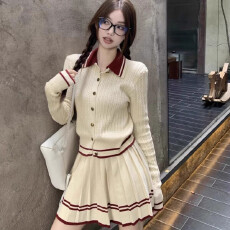 批发学院风穿搭复古条纹长袖针织开衫外套女秋冬高腰百褶半身裙两件套