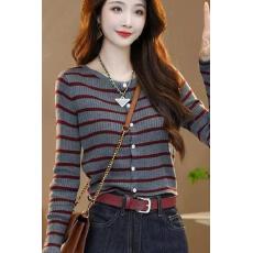 批发条纹针织春<b class='q'>秋</b>季针织衫新款开衫洋气长袖T恤上衣