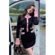 批发美式新款纯欲甜辣气质显瘦拼色包臀裙毛毛织裙