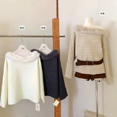 批发法式气质<b class='q'>狐狸毛</b>袖口毛衣斜领露肩设计感蝙蝠袖显瘦百搭针织衫上衣