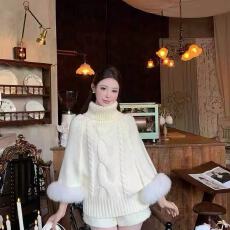 批发韩国东大门时尚佳人袖口<b class='q'>狐狸毛</b>高领羊毛混纺麻花针织上衣毛衣女