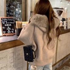 批发韩系高级感大毛领连帽针织开衫毛衣女秋冬宽松外传慵懒风外套上衣