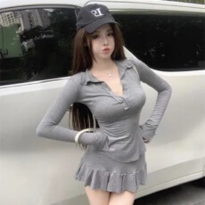 批发辣妹<b class='q'>连衣裙</b>性感新款<b class='q'>修身</b>长袖显瘦上衣百褶裙短裙套装