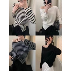 批发设计感气质温柔斜肩针织衫秋季新款显瘦收腰开叉条纹<b class='q'>毛衣</b><b class='q'>女</b>潮