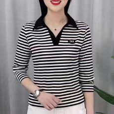 批发<b class='q'>春</b>季新款洋气女士条纹T恤宽松显瘦翻领长袖上衣百搭外穿打底衫女