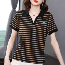 批发原版女士T恤短袖<b class='q'>夏</b>装新款翻领POLO衫洋气百搭中年妈妈条纹上衣