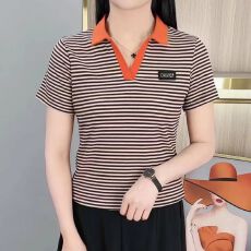 批发短袖t恤女<b class='q'>夏</b>季新款洋气百搭翻领POLO衫时尚减龄妈妈装条纹上衣