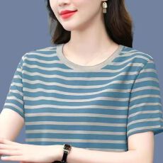 批发原版<b class='q'>夏</b>季新款女士t恤短袖上衣大码宽松百搭半袖条纹圆领妈妈体恤