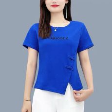 批发偏小修身 涤纶中式不规则短袖t恤女2024<b class='q'>夏</b>季新款小个子宽松短款