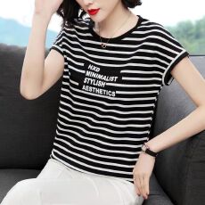 批发黑白条纹t恤女短袖2025年<b class='q'>夏</b>季新款韩版宽松 时尚体恤中年妈妈上衣