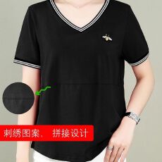 批发2025新款<b class='q'>夏</b>装大码女装棉短袖t恤女中年妈妈宽松红色V领上衣丅恤