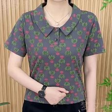 批发2025<b class='q'>夏</b>季新款娃娃领短袖时尚百搭轻薄透气凉快印花弹力遮肉小衫