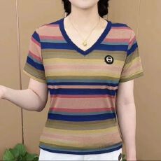 批发高档女短袖彩条纹t恤衫<b class='q'>夏</b>季新款洋气减龄妈妈装弹力小衫遮肉上衣