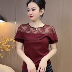批发2025<b class='q'>夏</b>季新款时尚设计感圆领蕾丝拼接短袖T恤女百搭洋气上衣潮