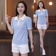 批发正肩短袖t恤女<b class='q'>夏</b>天显瘦修身蓝色蕾丝边翻领polo衫薄款短款上衣女