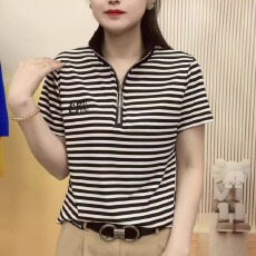 批发高档中年妈妈夏季女装短袖t恤女条纹洋气小衫遮肚拉链带领上衣