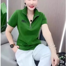 批发高档中年妈妈夏季女装短袖t恤女条纹洋气小衫遮肚拉链带领上衣