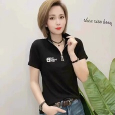 批发高档中年妈妈夏季女装短袖t恤女条纹洋气小衫遮肚拉链带领上衣