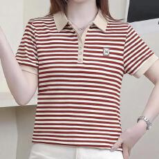 批发<b class='q'>夏</b>季新款时尚休闲条纹polo领短袖遮肉显瘦大码薄款透气t恤女小衫