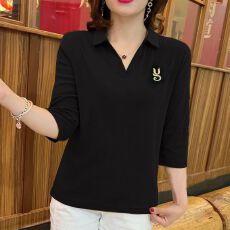 批发原版面料 七分袖 图案刺绣的 t恤女2023新款Polo衫 码数偏小 修身