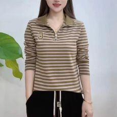 批发牛奶丝 条纹长袖t恤女士2023春<b class='q'>秋</b>新款中年妈妈polo衫打底衫上衣