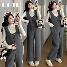 批发实拍  孕妇装2025新款加厚<b class='q'>秋</b>冬款灰色高级感背带裤两件套