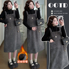 批发实拍  孕妇装秋冬款雪尼尔可调节加绒加厚背带裙两件套