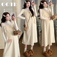 批发实拍 孕妇装春款宽松显瘦兔耳朵吊带裙两件套