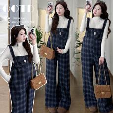 批发实拍 孕妇<b class='q'>装</b>春季<b class='q'>新款</b>宽松显瘦格子背带<b class='q'>裤</b>两件套