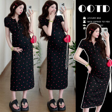 实拍 孕妇装夏季法式轻奢修身爱心波点黑色连衣裙